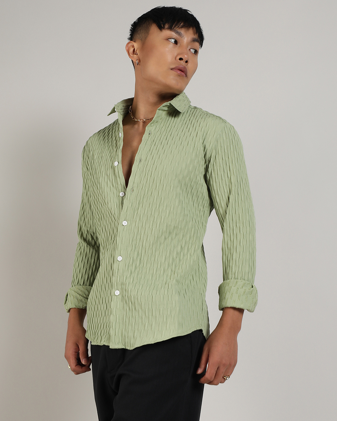 Shop Men's Pistachio Green Textured Relaxed Fit Shirt-Back