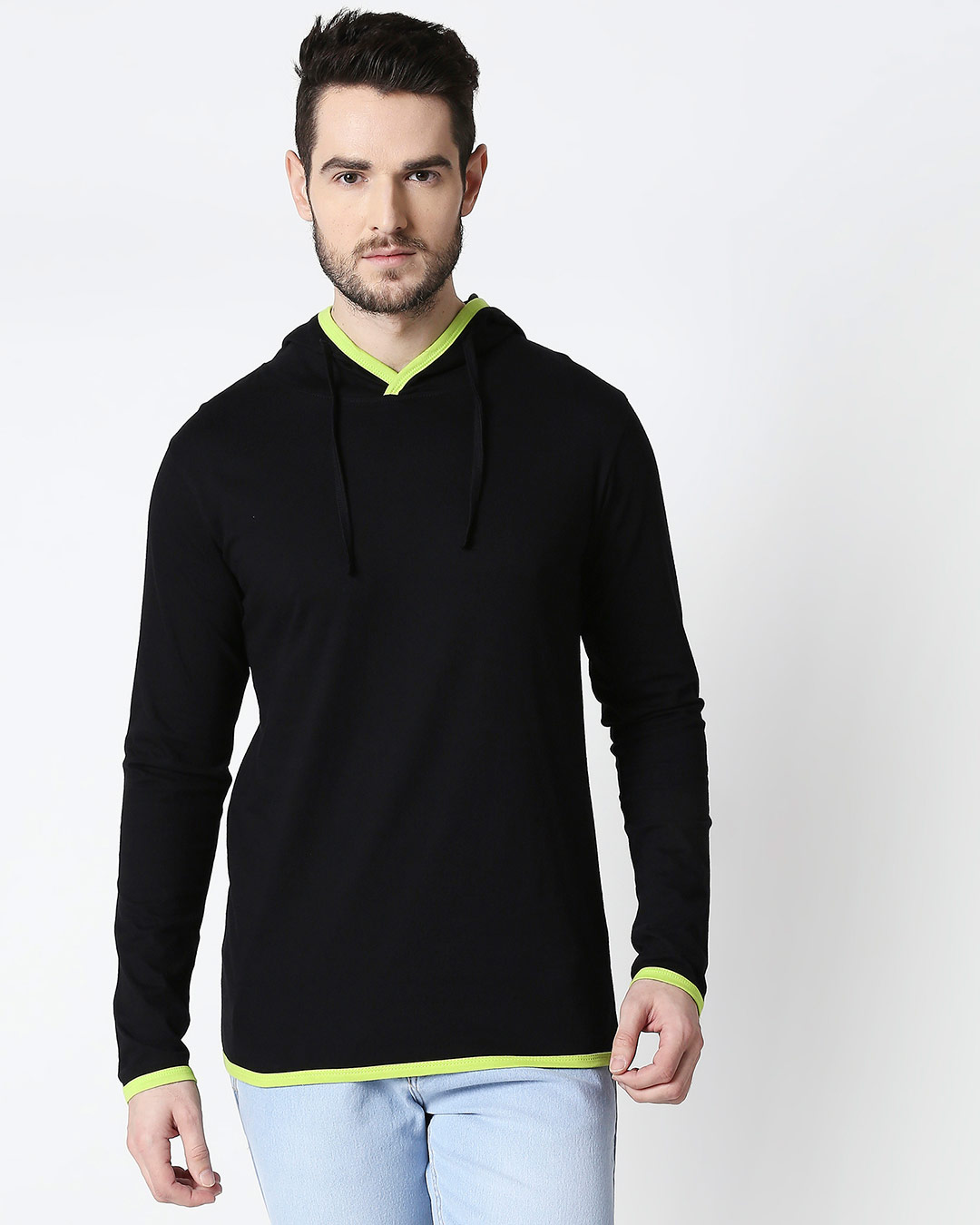 Shop Men's Plain Back Panel Full Sleeve Hoodie T-shirt(Black-Neon Green)-Back