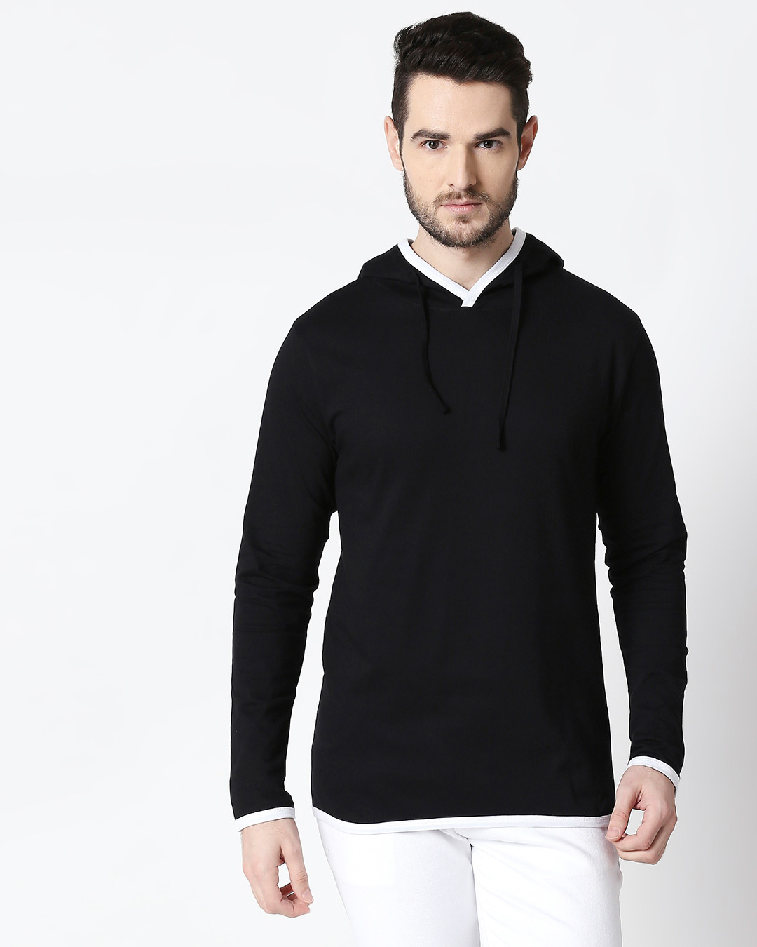 Shop Men's Plain Back Panel Full Sleeve Hoodie T-shirt(Black-White)-Back