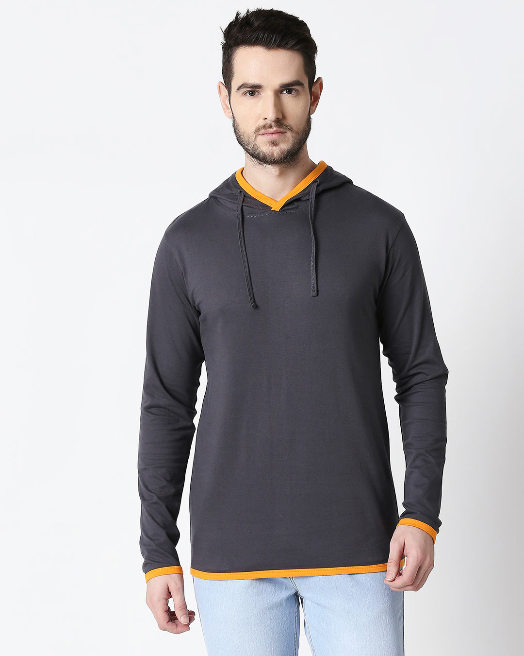 Shop Men's Plain Back Panel Full Sleeve Hoodie T-shirt(Nimbus Grey-Neon Orange)-Back