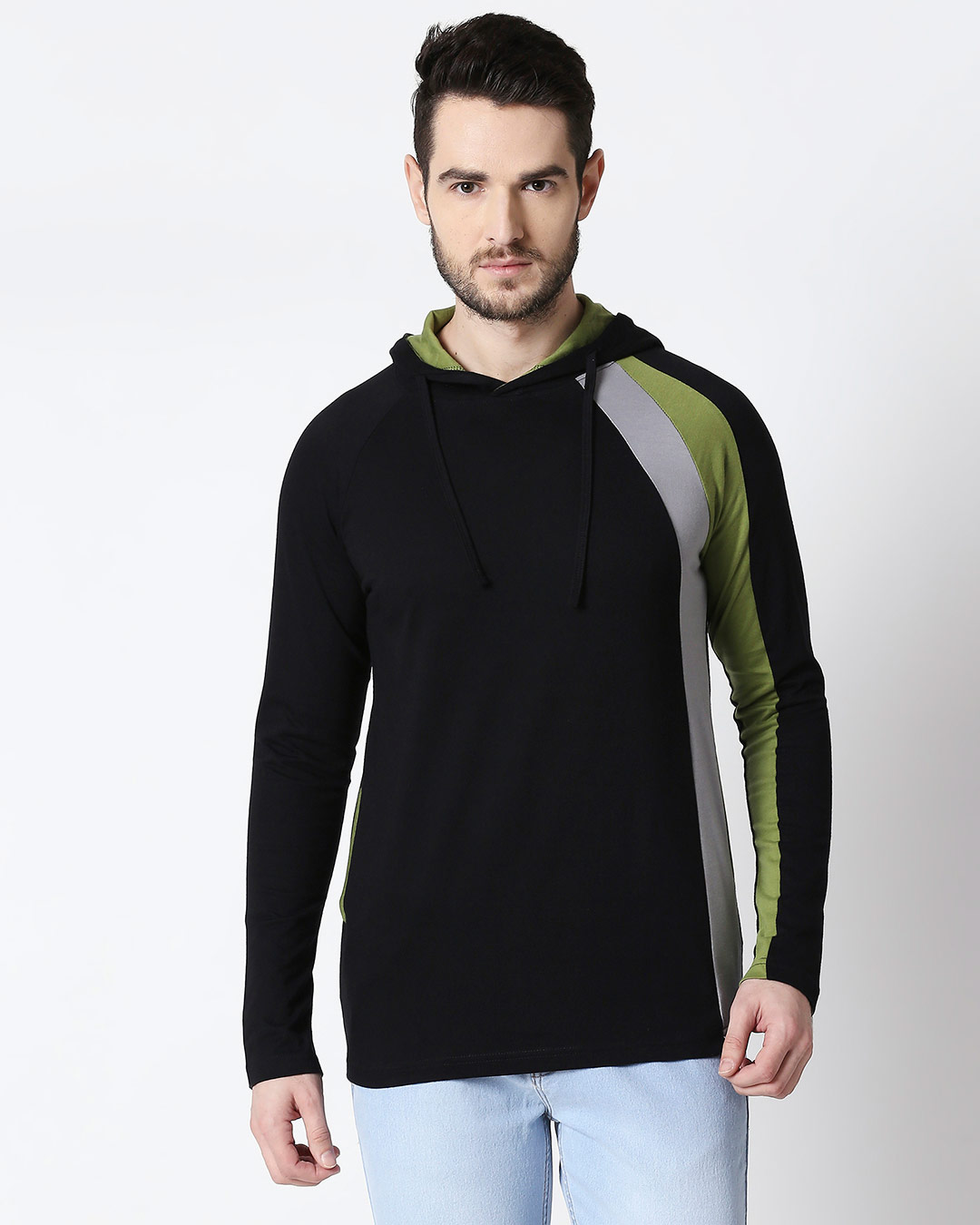 Shop Men's Plain Colorblock Three Panel Full sleeve Hoodie T-shirt (Black-Meteor Grey-Woodbine Green)-Back