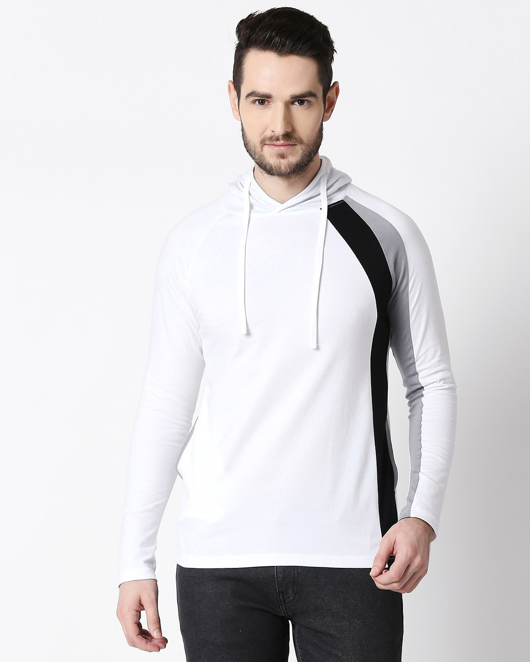 Shop Men's Plain Colorblock Three Panel Full sleeve Hoodie T-shirt (White-Black-Meteor Grey)-Back