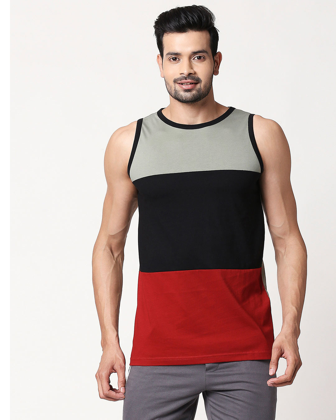 Shop Men's Plain Horizontal Three Panel Vest(Laurel Green-Black-Scarlet Red)-Back