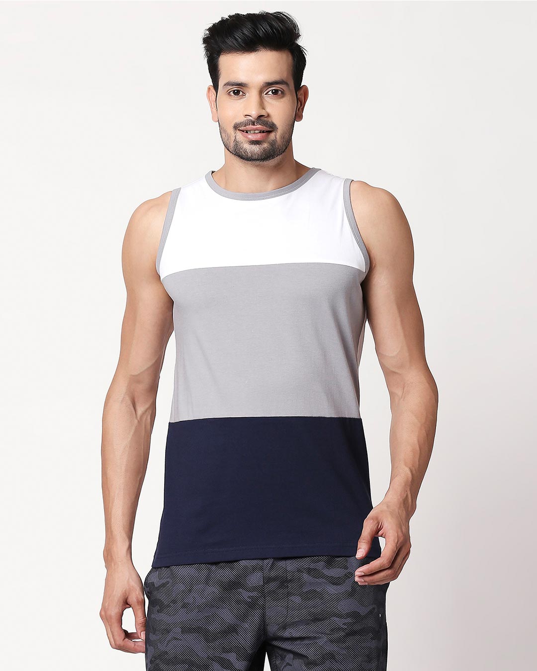 Shop Men's Plain Horizontal Three Panel Vest(White-Meteor Grey-Navy Blue)-Back