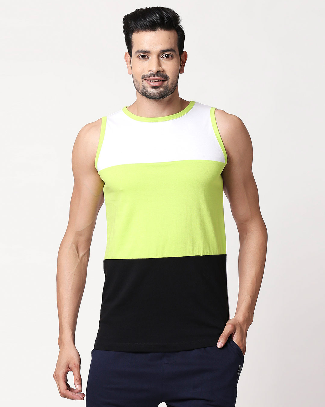 Shop Men's Plain Horizontal Three Panel Vest(White-Neon Green-Black)-Back