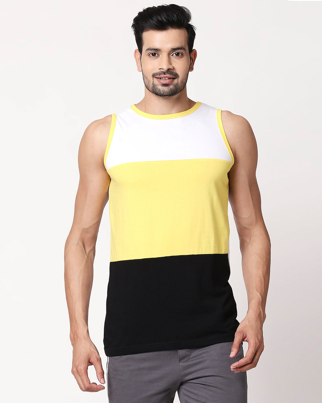 Shop Men's Plain Horizontal Three Panel Vest(White-Pineapple Yellow-Black)-Back