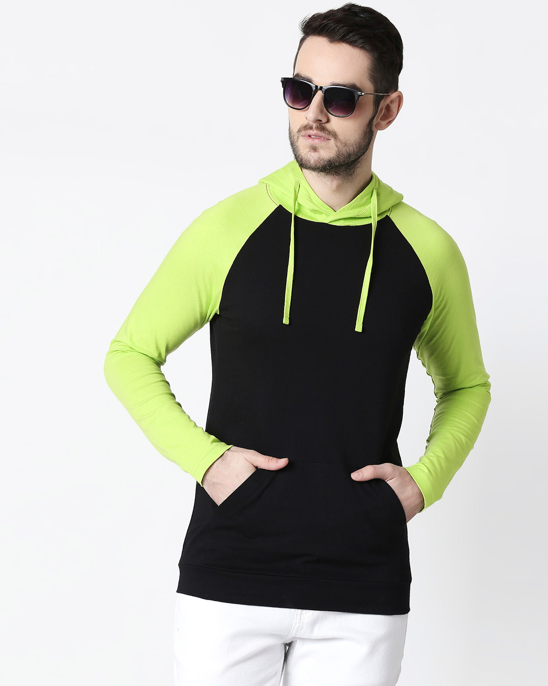 Buy Men's Plain Raglan Full Sleeve Hoodie T-shirt(Black-Neon Green