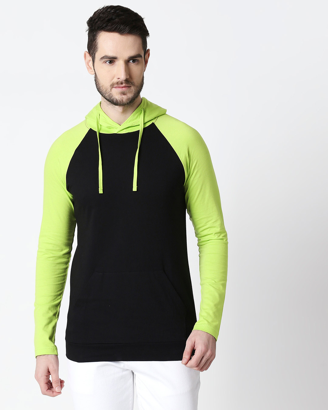 Shop Men's Plain Raglan Full Sleeve Hoodie T-shirt(Black-Neon Green)-Back