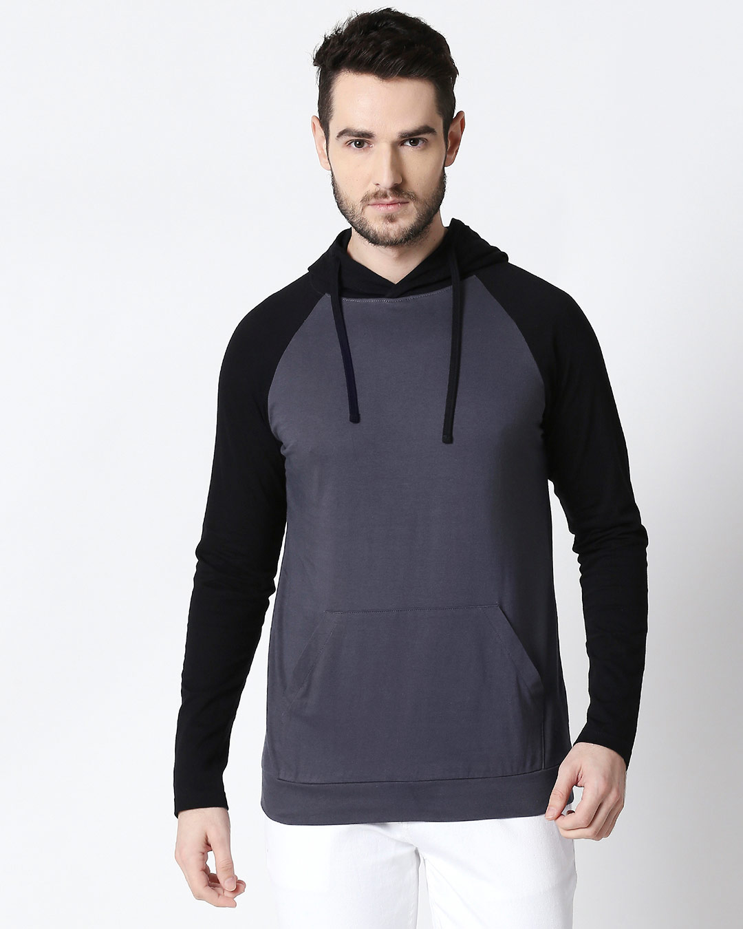 Shop Men's Plain Raglan Full Sleeve Hoodie T-shirt(Nimbus Grey -Black)-Back