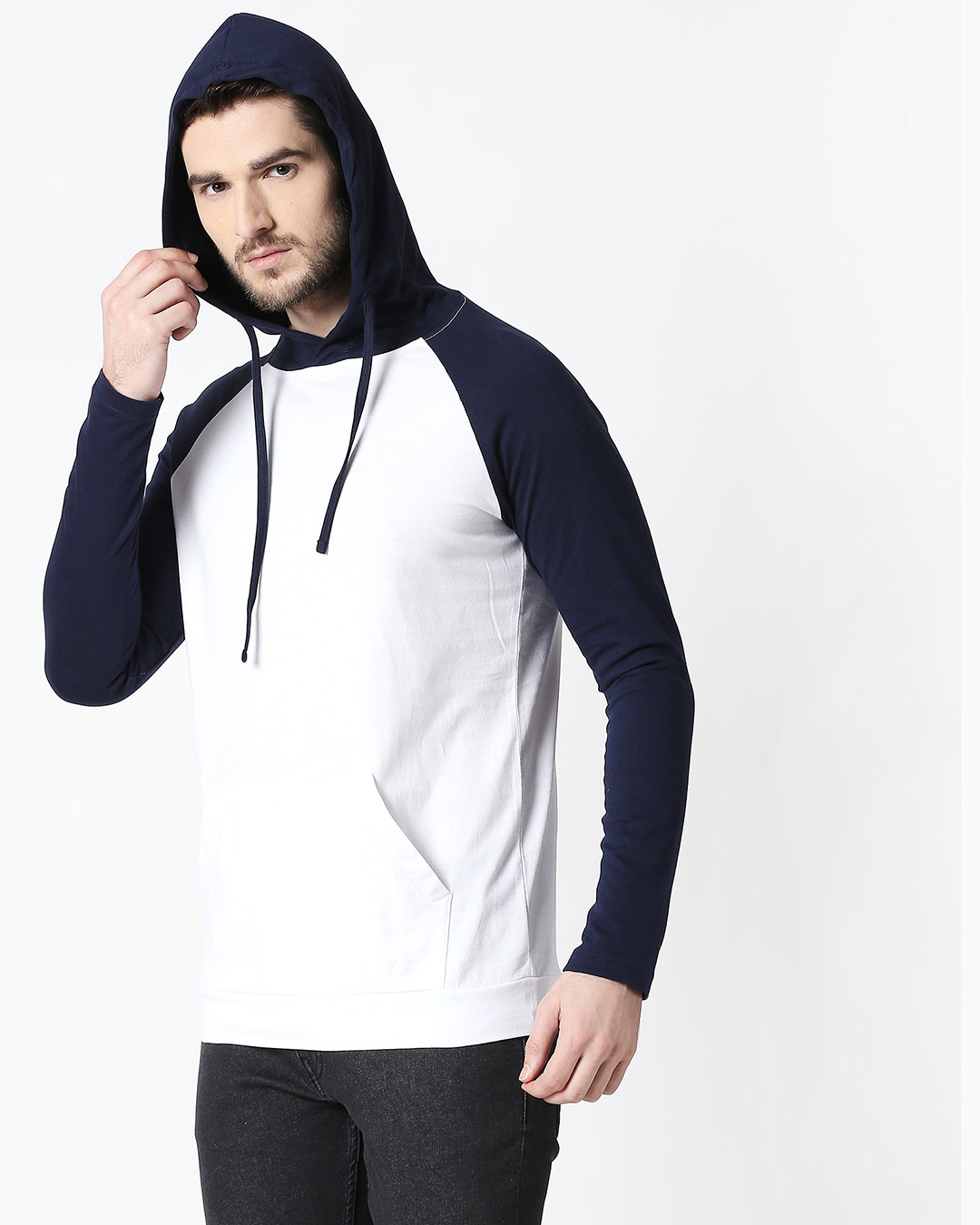 Shop Men's Plain Raglan Full Sleeve Hoodie T-shirt(White-Navy Blue)-Back