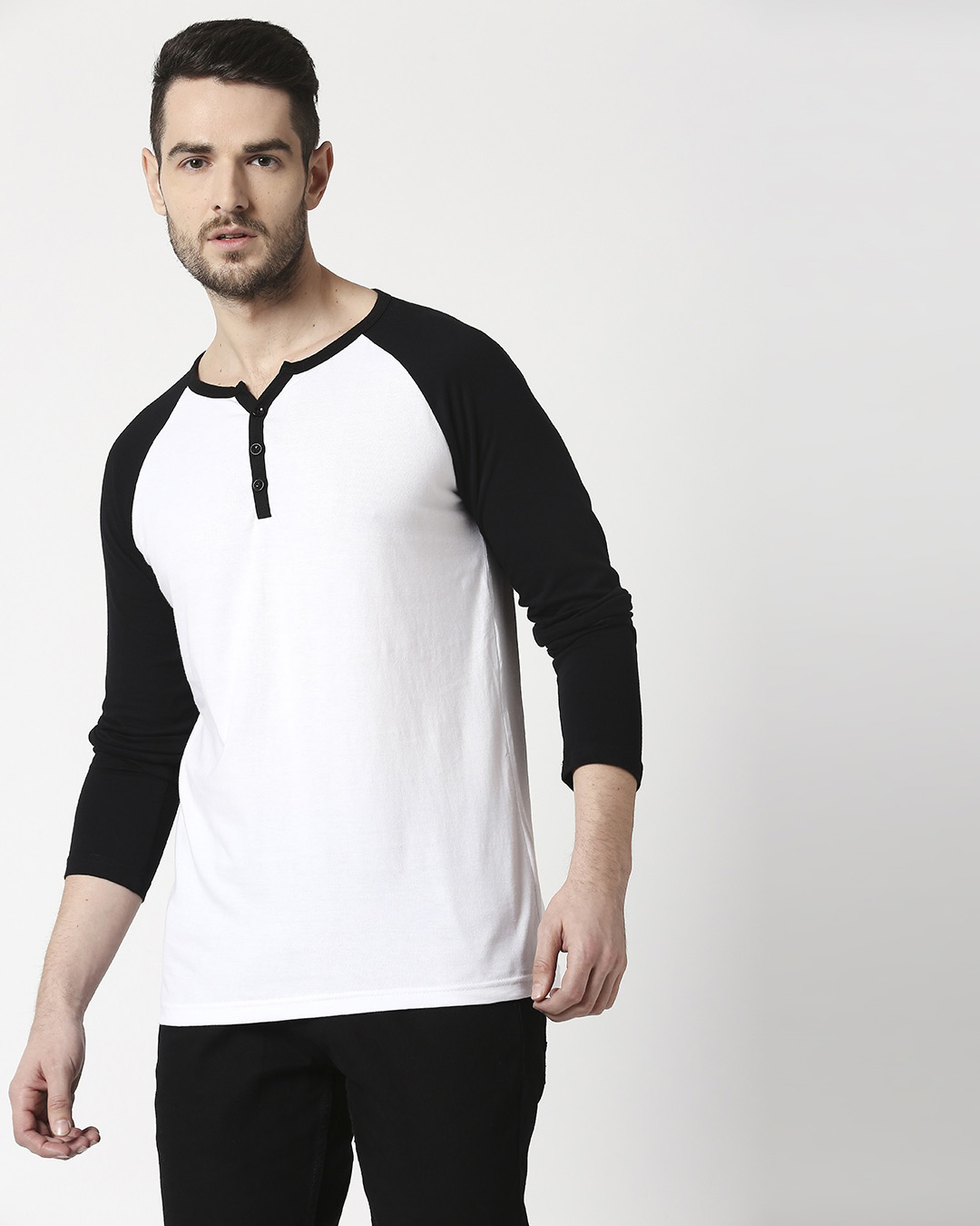 Download Buy Men's Plain Raglan Henley Full Sleeve(White-Black ...