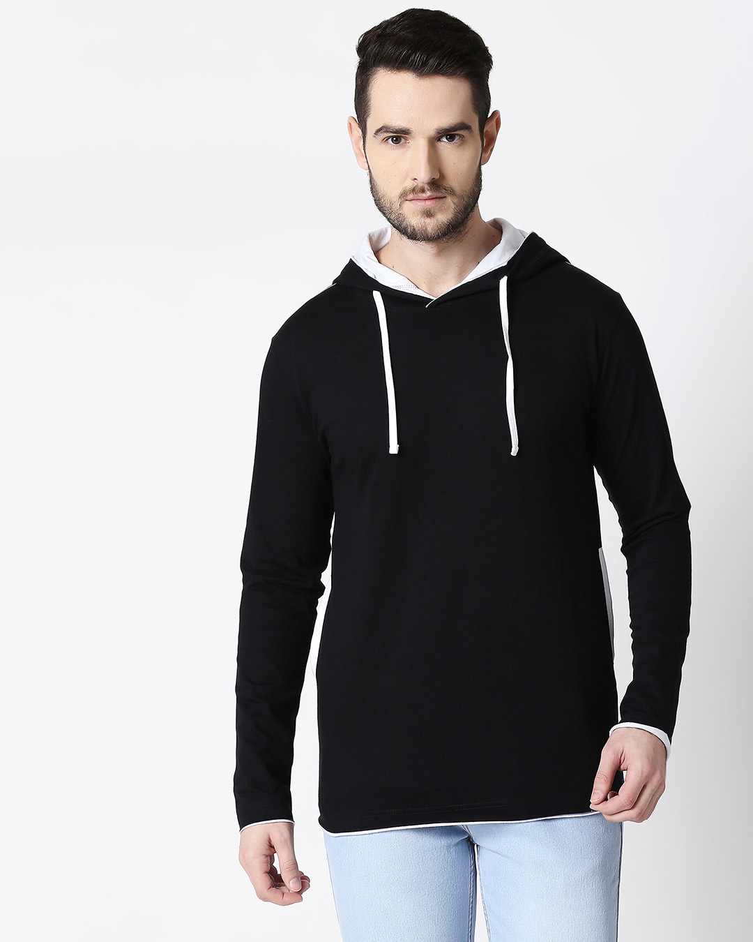 Shop Men's Plain Raw Edge Full Sleeve Hoodie T-shirt(Black-White)-Back