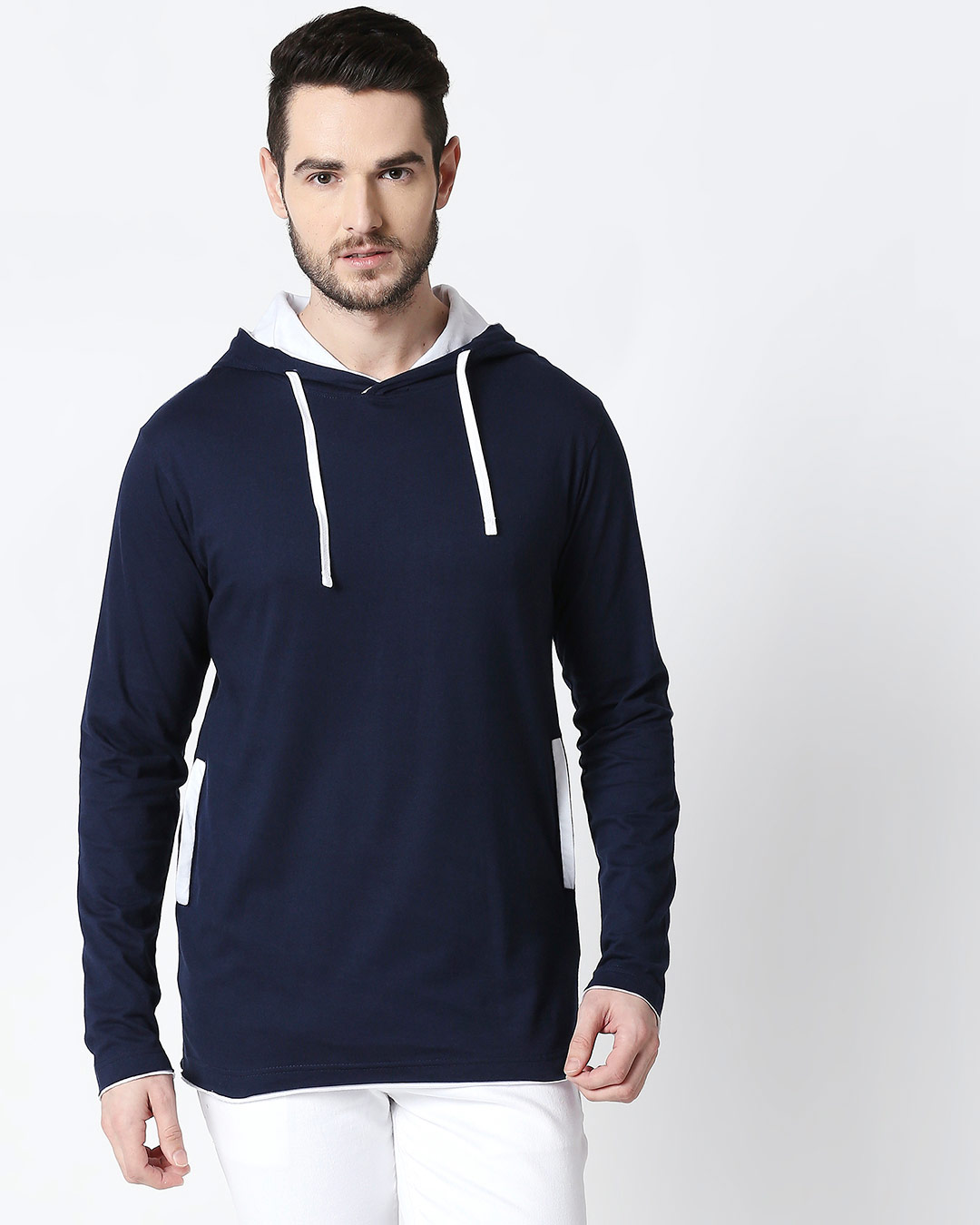 Shop Men's Plain Raw Edge Full Sleeve Hoodie T-shirt(Navy Blue-White)-Back
