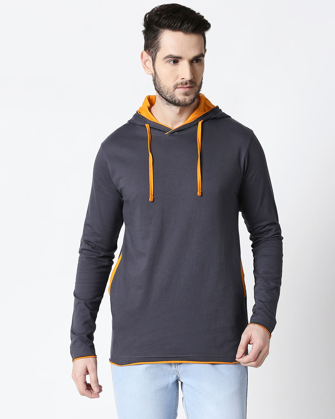 Shop Men's Plain Raw Edge Full Sleeve Hoodie T-shirt (Nimbus Grey-Neon Orange)-Back