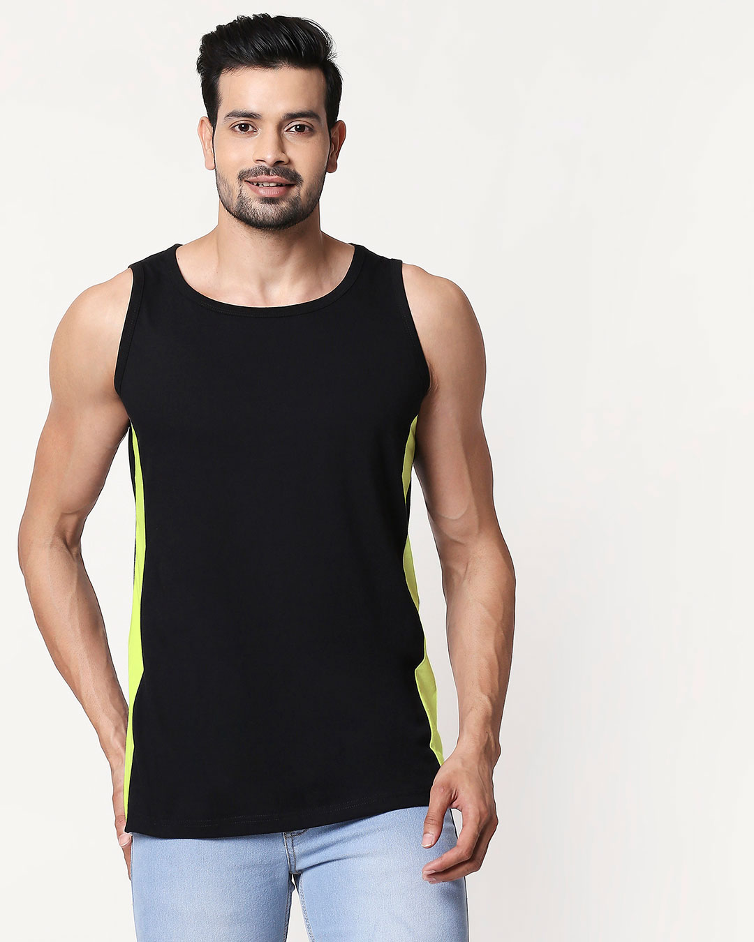 Shop Men's Plain Side Panel Vest(Black-Neon Green)-Back