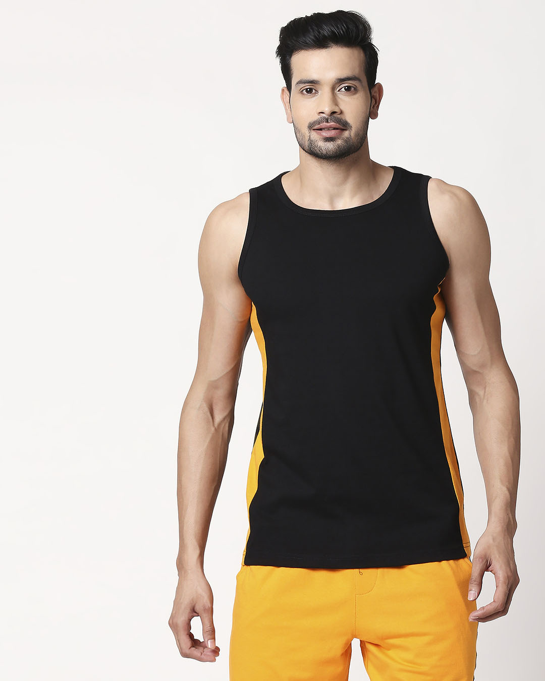 Shop Men's Plain Side Panel Vest(Black-Neon Orange)-Back