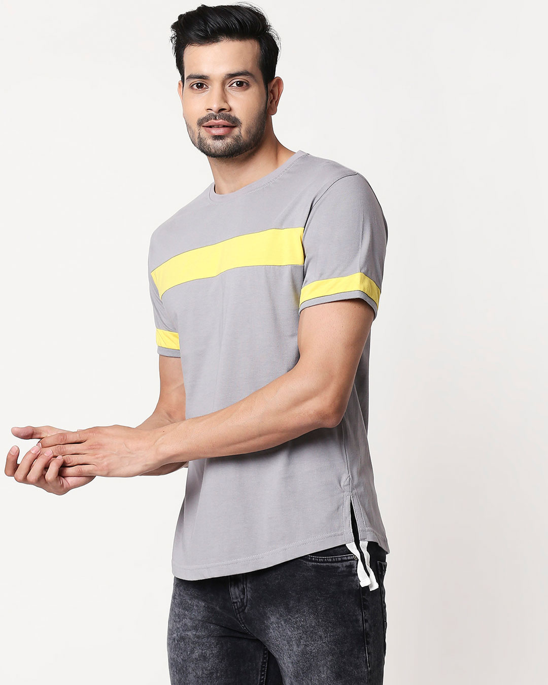 Shop Men's Plain Sport T-Shirt(Meteor Grey-Pineapple Yellow)-Back