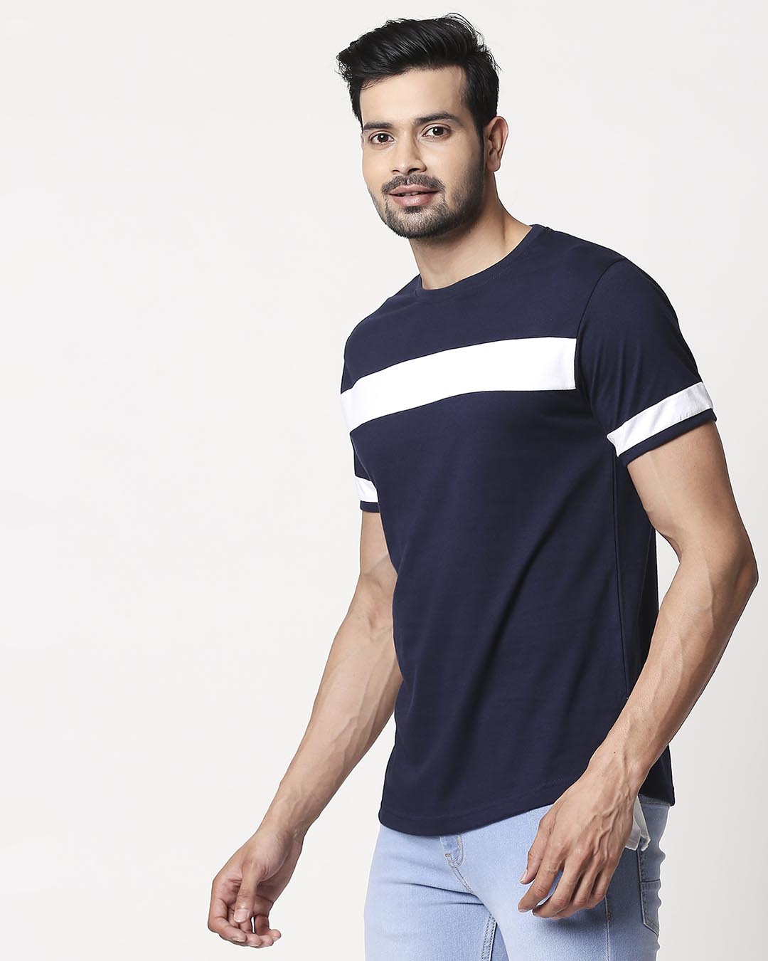 Shop Men's Plain Sport T-Shirt(Navy Blue-White)-Back