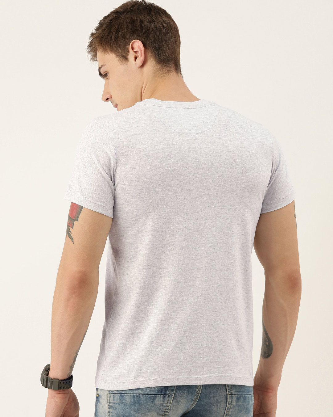 Shop Men's Plus Size Grey Melange Organic Cotton Half Sleeves T-Shirt-Back