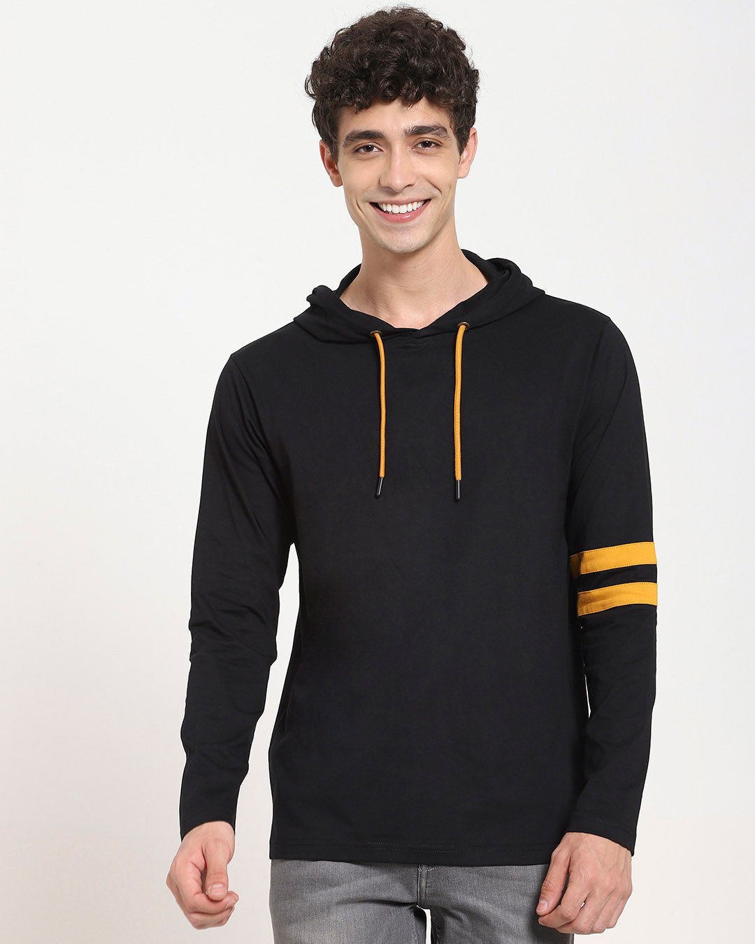 Shop Men's Popcorn Yellow Shoulder Sleeve Stripe Hoodie T-shirt-Back