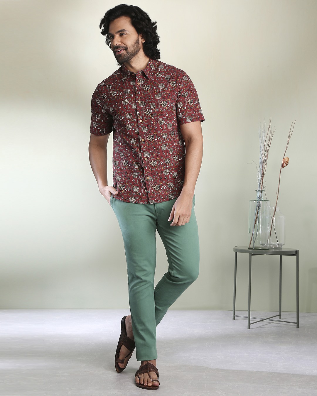 Shop Men's Printed Ethnic Half Sleeves Maroon Shirt-Back
