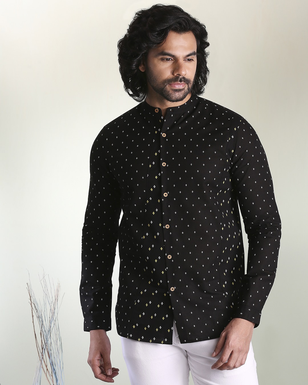 Shop Men's Printed Manadarin Collar Black Shirt-Back