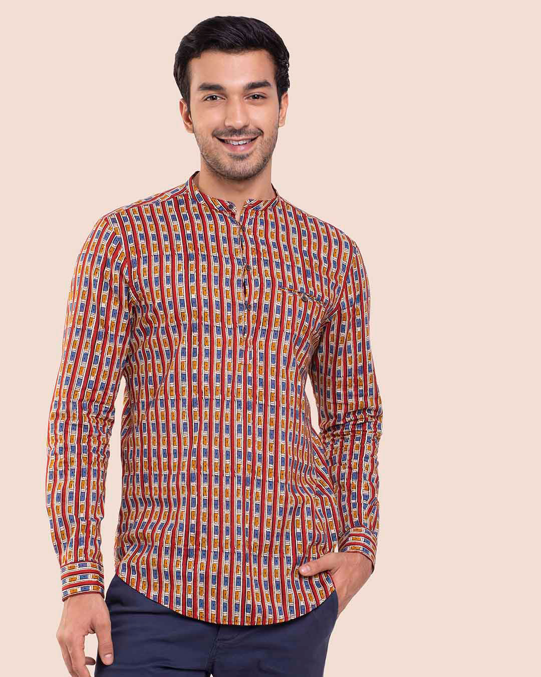 Shop Men's Printed Mandarin Collar Relaxed Fit Shirt-Back
