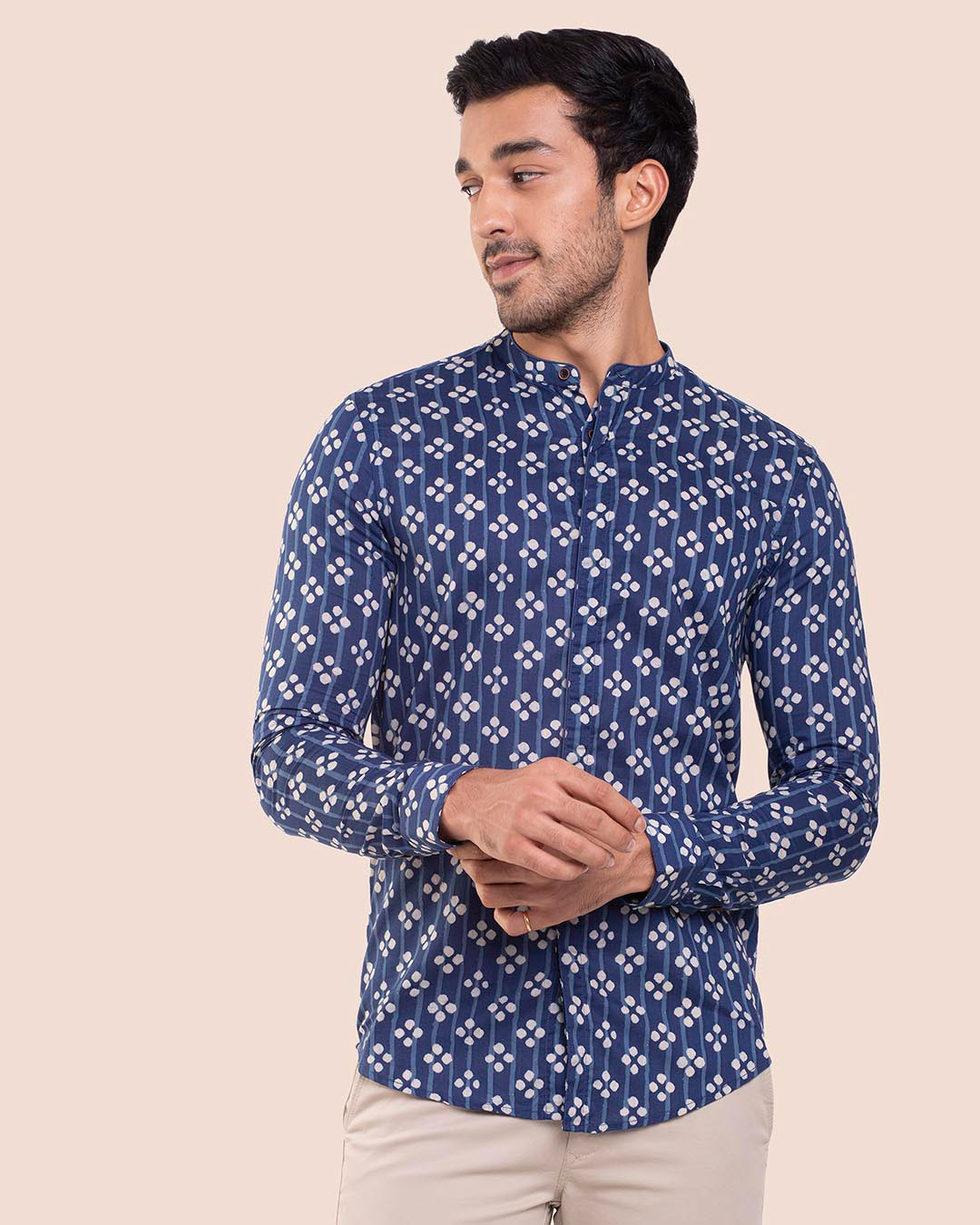 Shop Men's Printed Mandarin Collar Full Sleeves Shirt-Back
