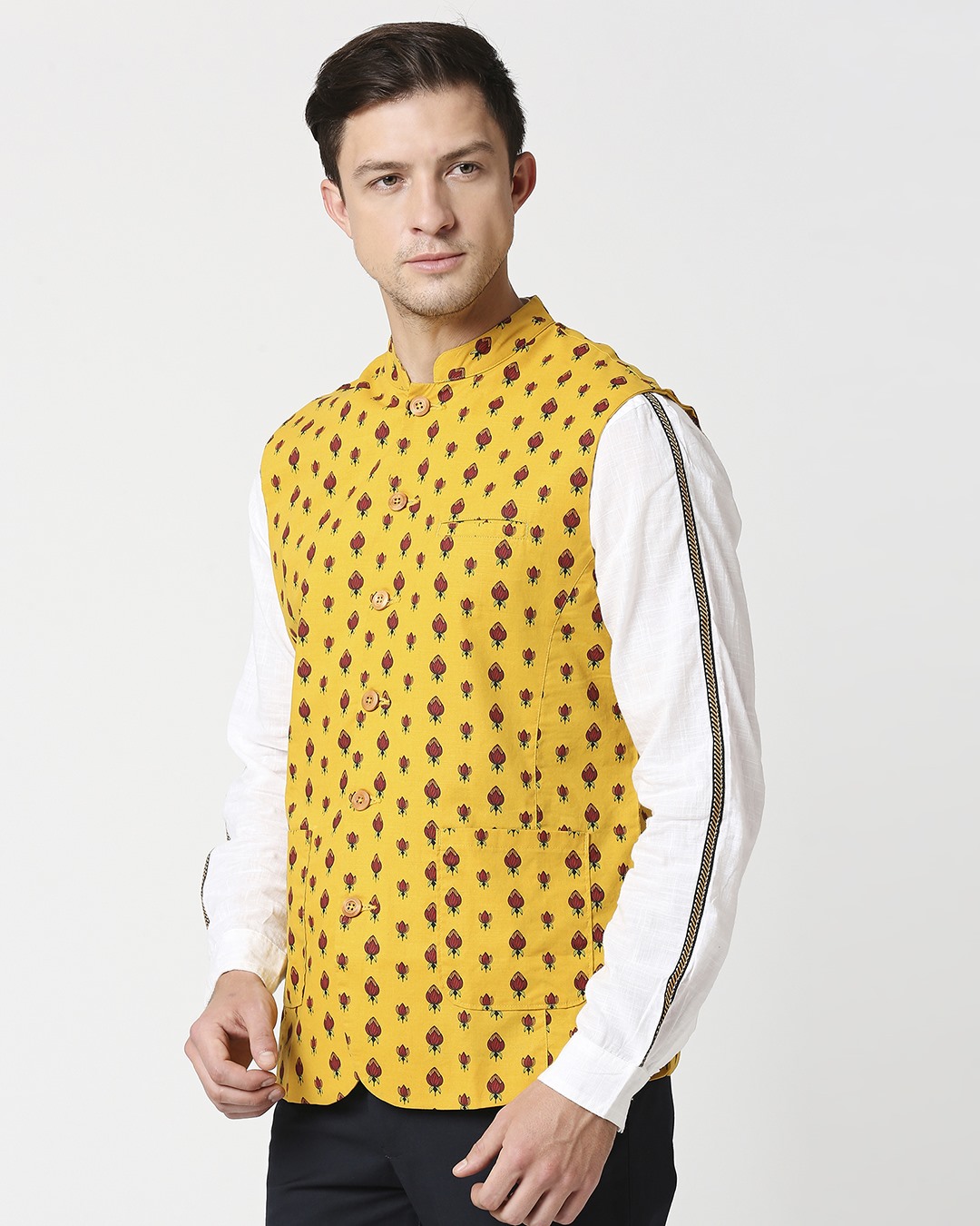 Shop Men's Yellow All Over Printed Waistcoat-Back