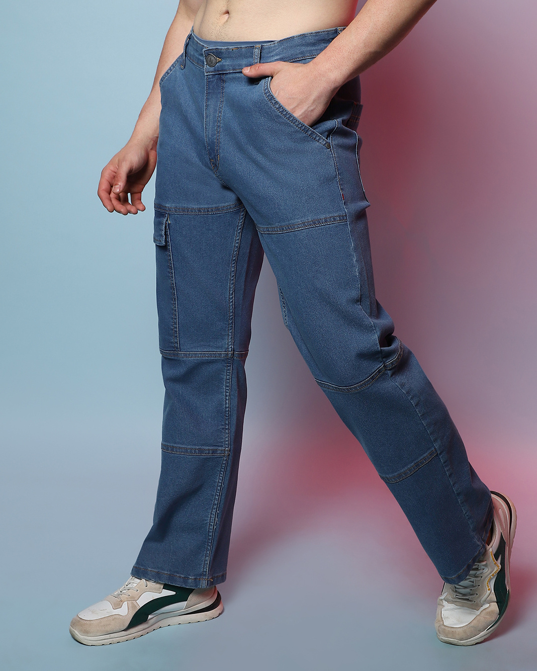 Shop Men's Prussian Blue Relaxed Fit Cargo Jeans-Back