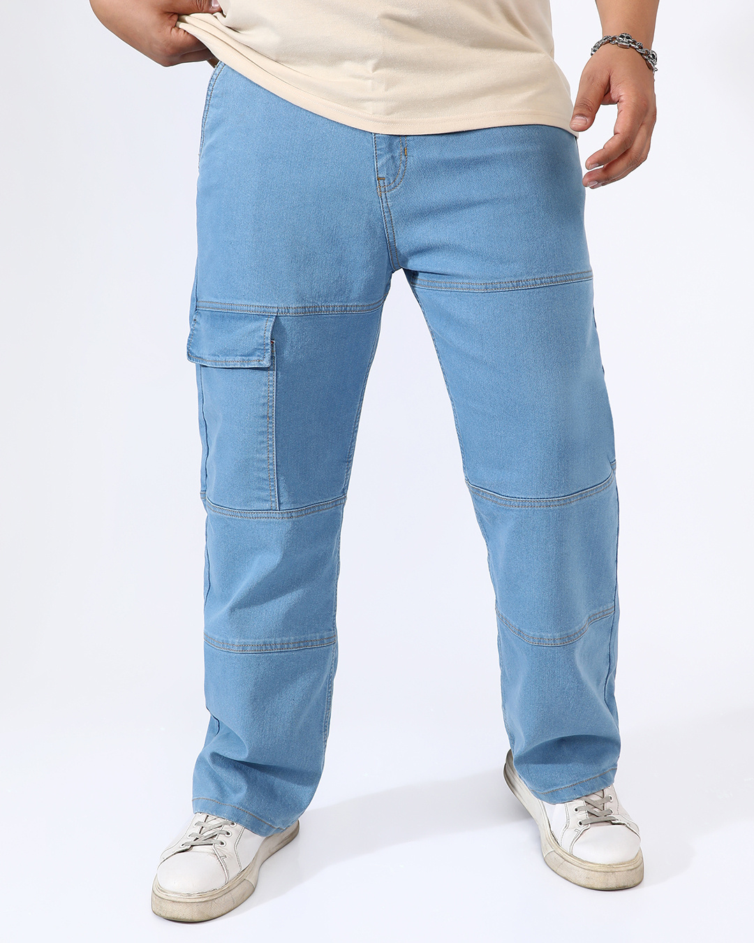 Shop Men's Prussian Blue Oversized Plus Size Cargo Jeans-Back