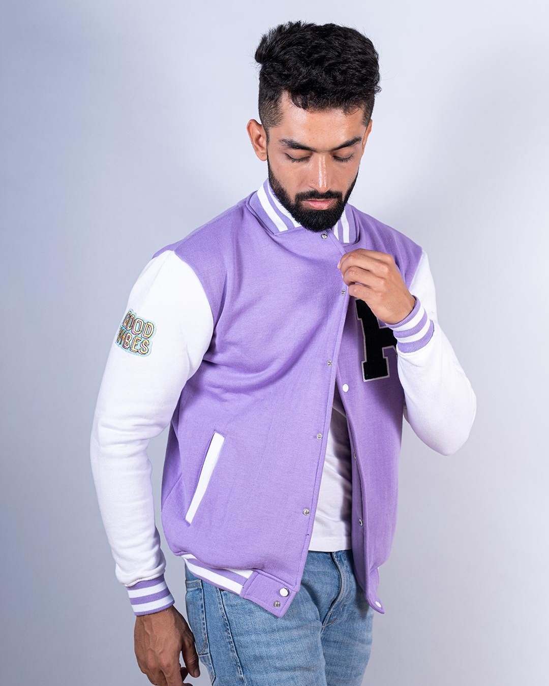 Buy Men's Purple & White R Color Block Relaxed Fit Varsity Jacket