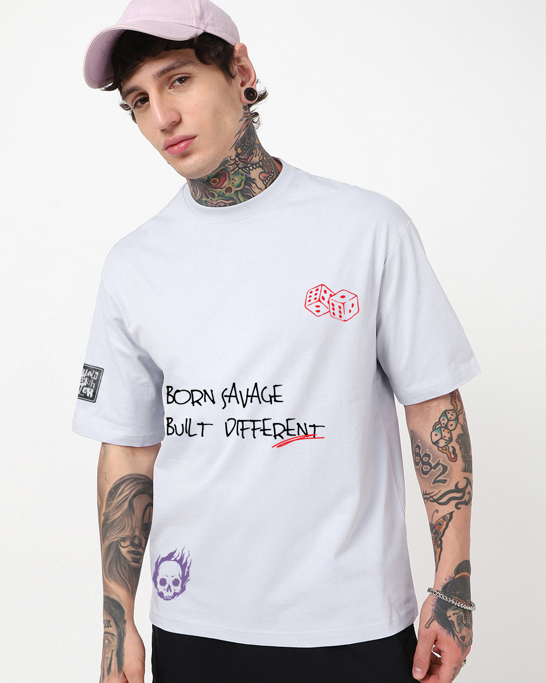 Shop Men's Lavender Defy The Odds Typography Oversized T-shirt-Back