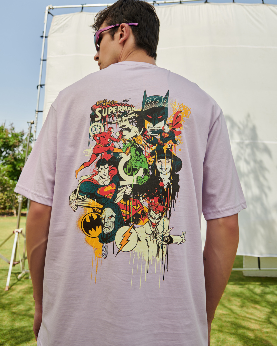 Shop Men's Purple Justice League Society Graphic Printed Oversized T-shirt-Back