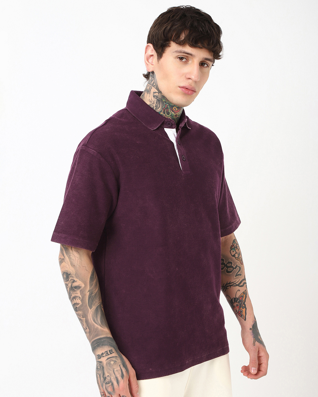 Shop Men's Purple Oversized Acid Wash Polo T-shirt-Back