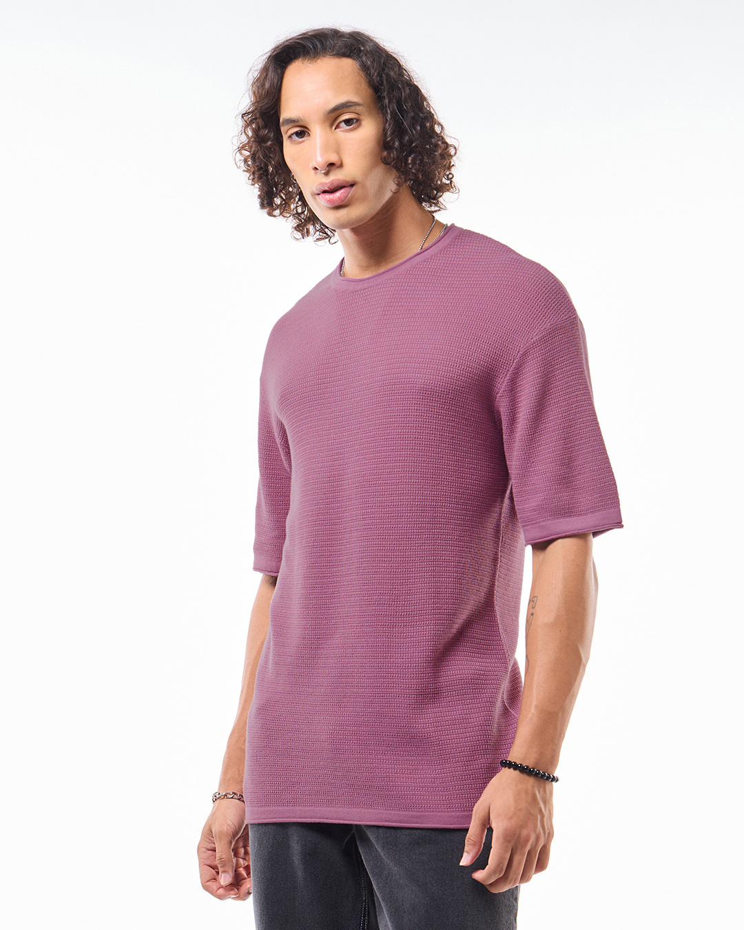 Shop Men's Purple Textured Oversized Flatknit T-shirt-Back