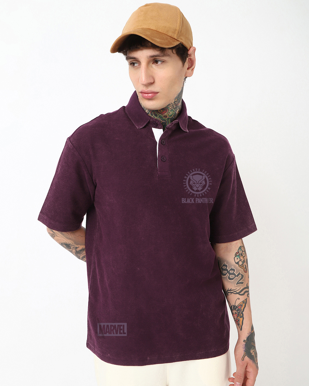 Shop Men's Purple Panther Typography Oversized Acid Wash Polo T-shirt-Back