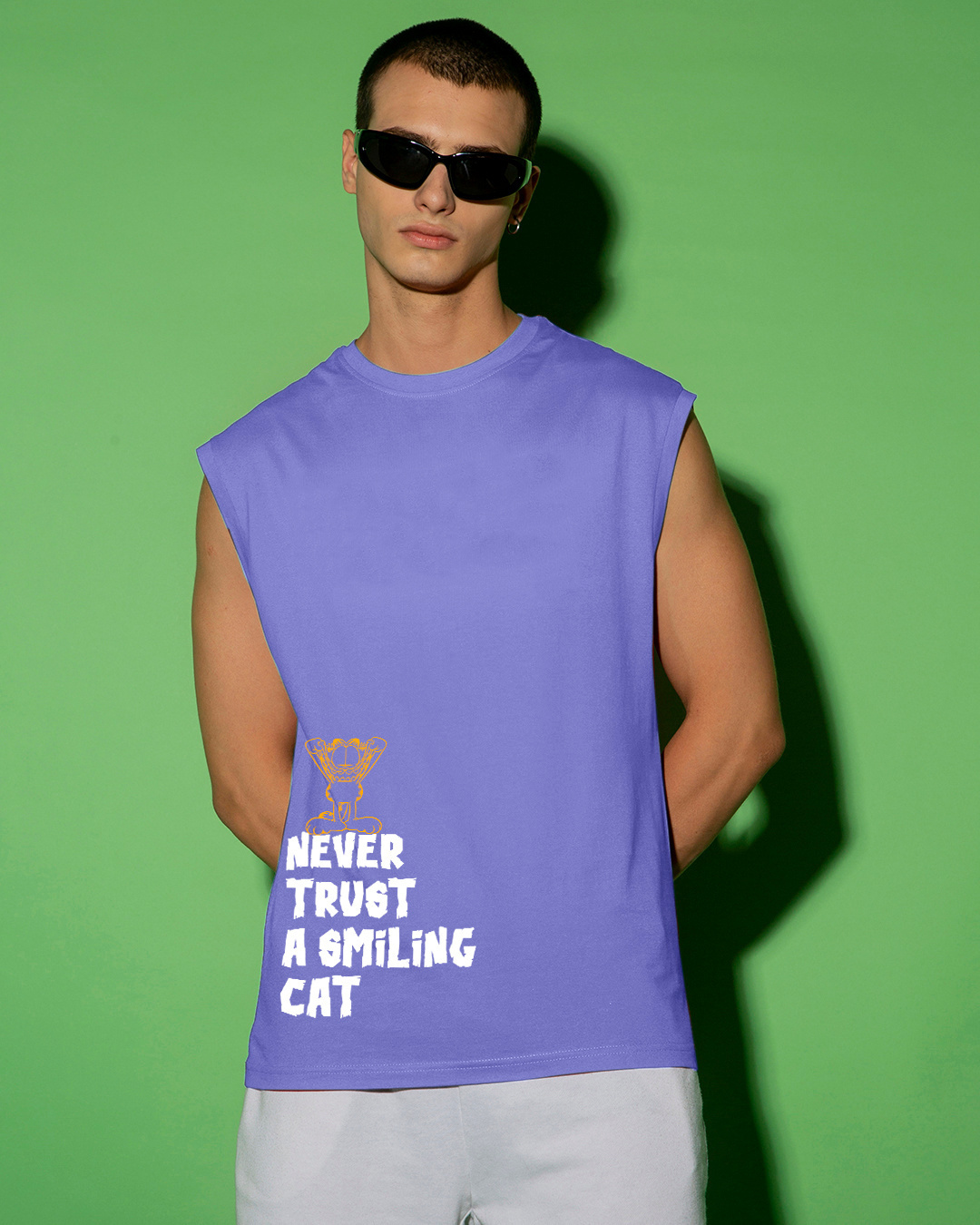 Shop Men's Purple Smiling Cat Graphic Printed Oversized Vest-Back
