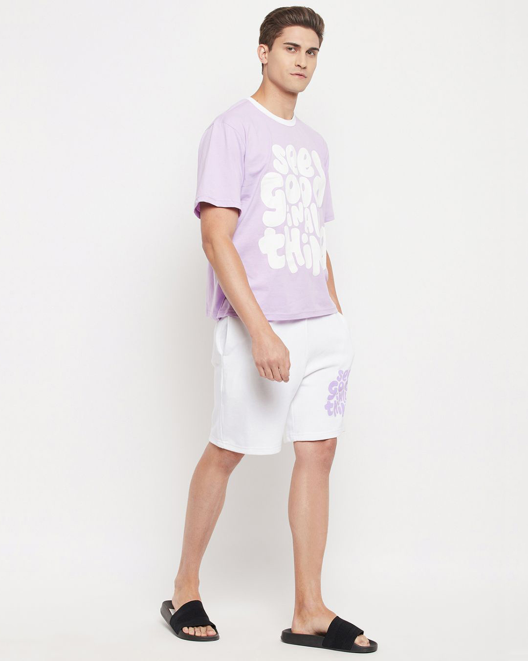 Shop Men's Purple & White See Good in All Things Typography Oversized T-shirt & Shorts Set-Back