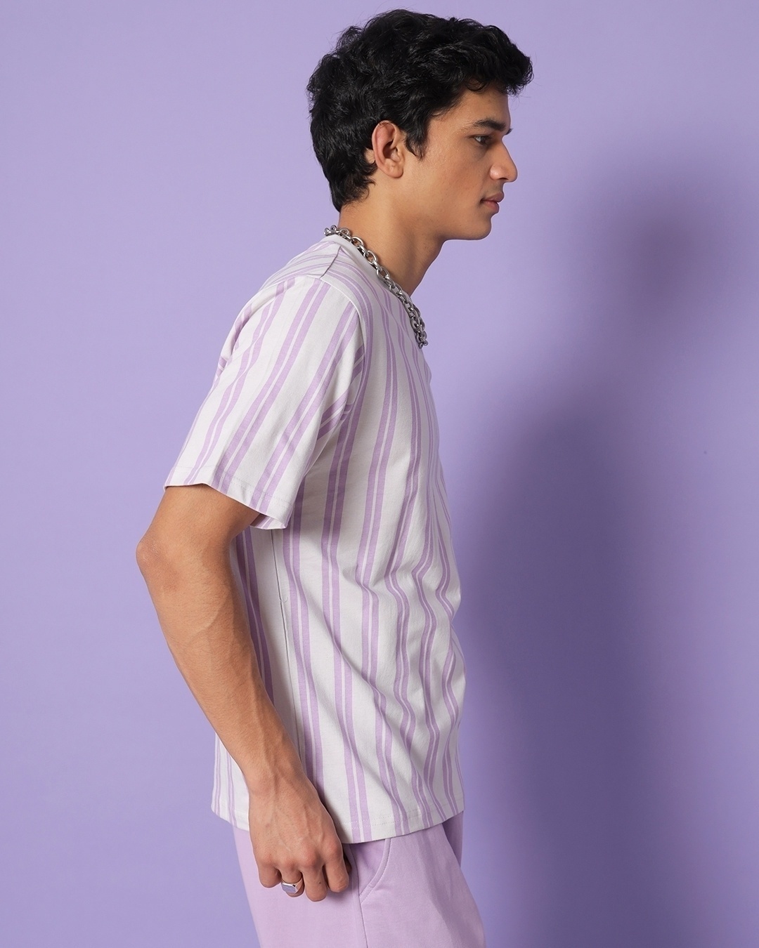 Shop Men's Purple & White Stripe Oversized T-shirt-Back