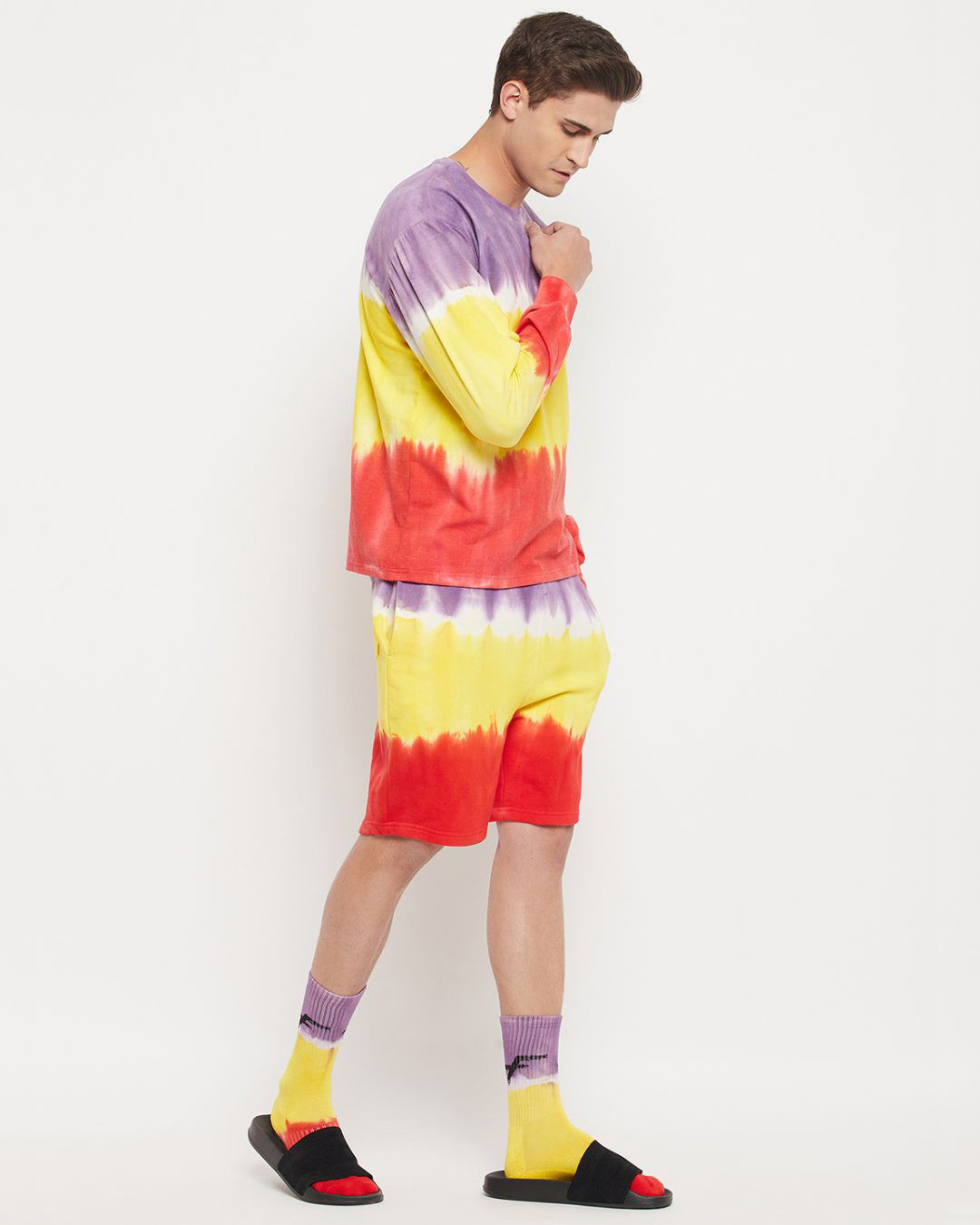 Shop Men's Purple & Yellow Tie & Dye Oversized T-shirt & Shorts Set with Matching Socks-Back