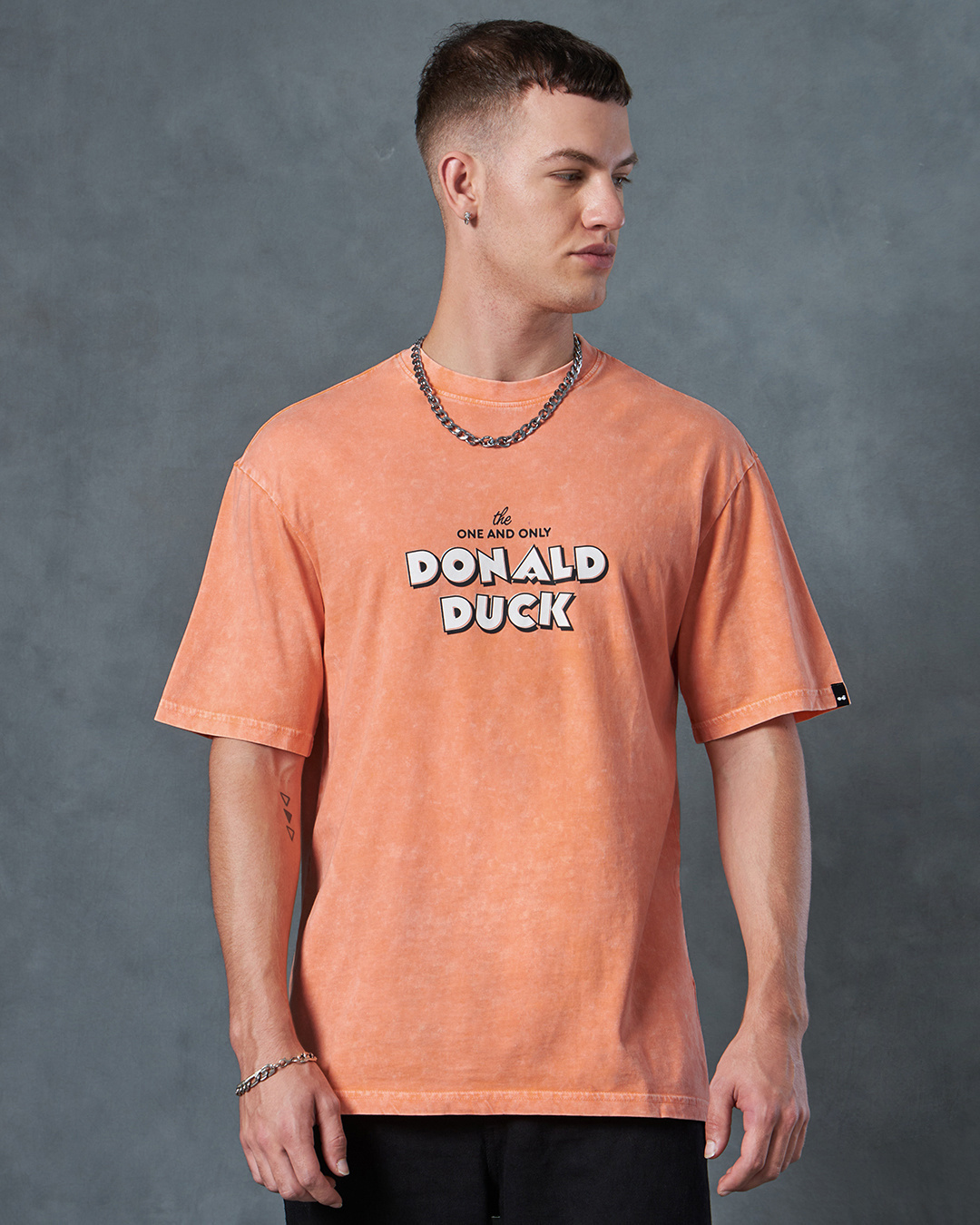 Shop Men's Orange Quakinn Around Graphic Printed Oversized Acid Wash T-shirt-Back