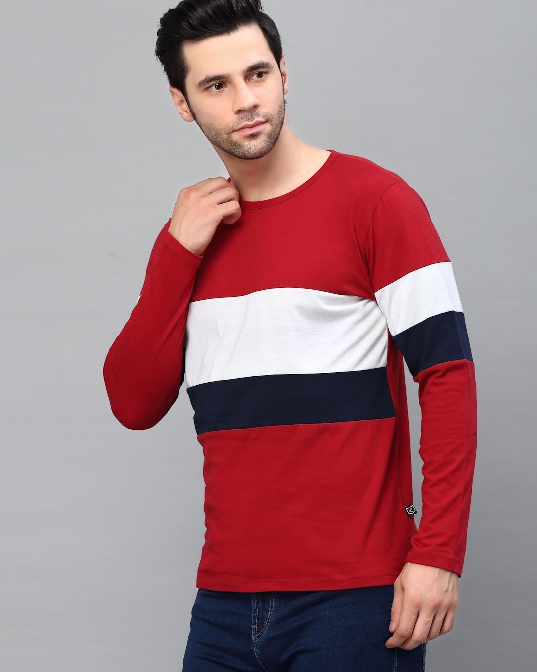 Shop Men's Red and White Color Block Slim Fit T-shirt-Back