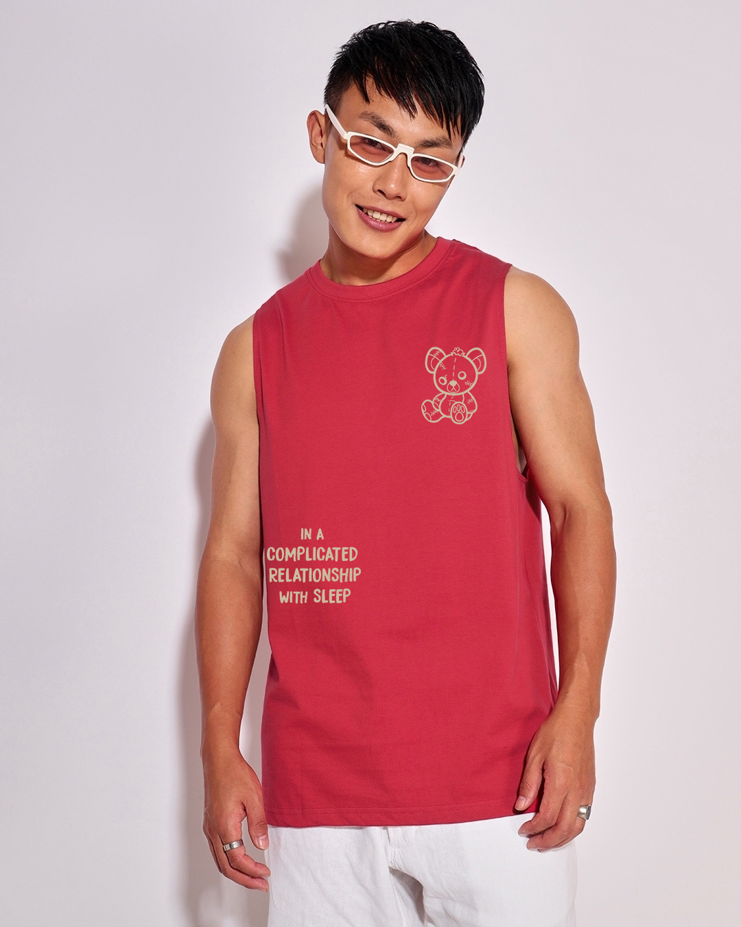 Shop Men's Red Bearly Awake Graphic Printed Oversized Vest-Back