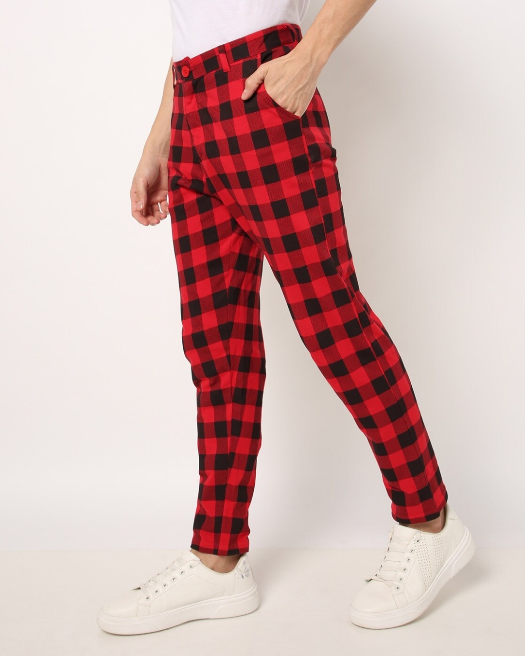 Shop Men's Red & Black Checked Tapered Fit Chinos-Back