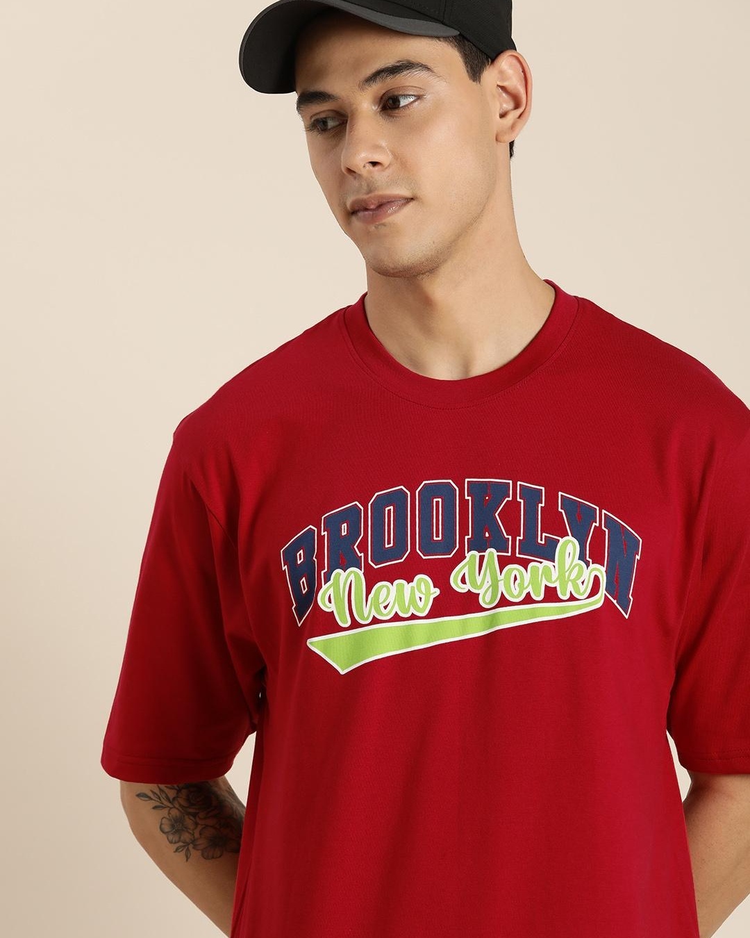 Buy Men's Red Brooklyn Typography Oversized T-shirt Online at Bewakoof
