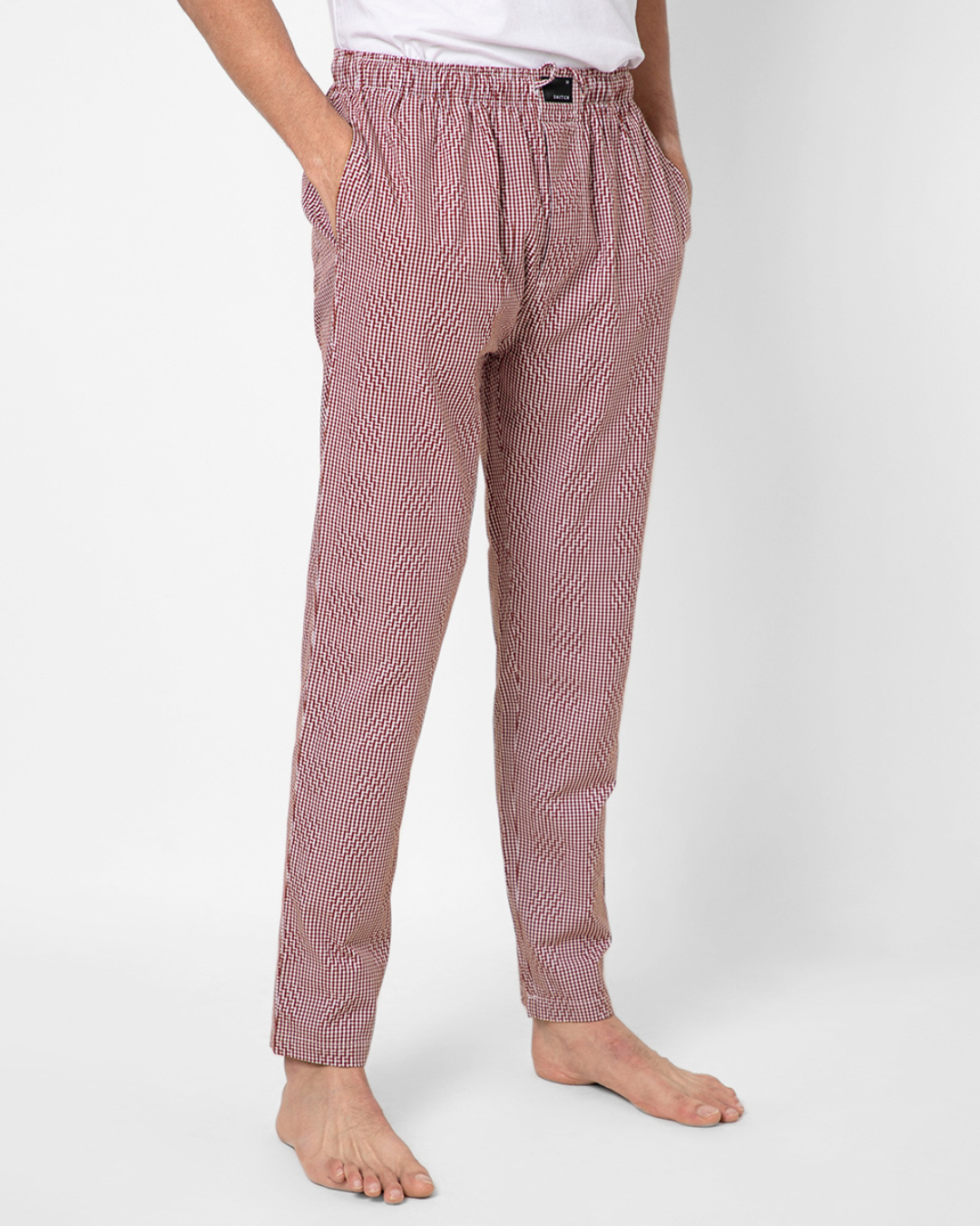 Buy Men's Red Checked Elasticated Cotton Relaxed Fit Pyjamas Online in