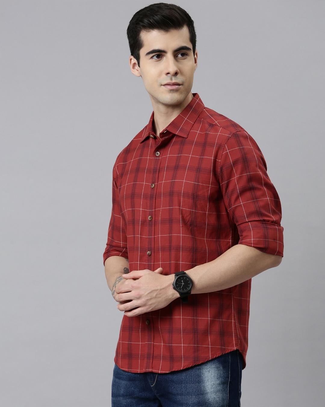 Shop Men's Red Checked Slim Fit Shirt-Back