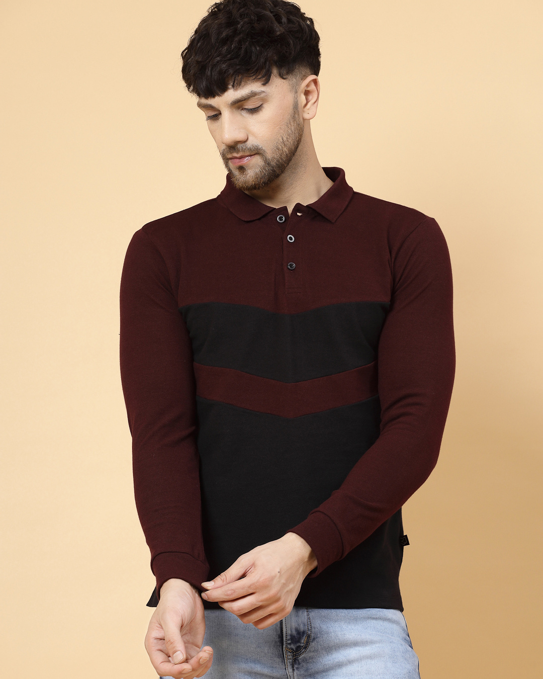 Buy Mens Maroon And Black Color Block Polo T Shirt Online At Bewakoof