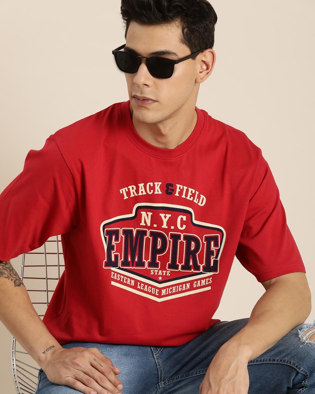 Buy Men's Red Empire Typography Oversized Tshirt for Men Red Online at